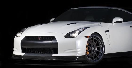 Nissan GT-R lit up studio style, but photographed on the street.