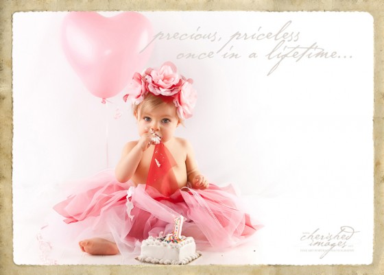 1 year Baby Girl with Balloon Eating Birthday Cake
