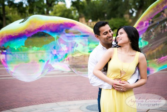 Central Park engagement photos with bubbles