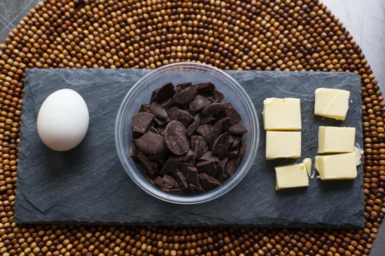Baking ingredients— egg, chocolate, butter