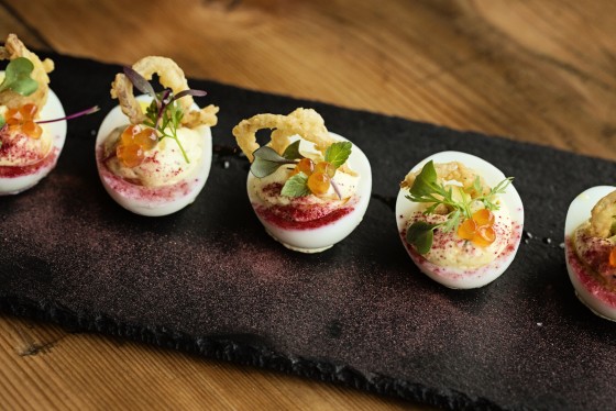 deviled eggs, salmon roe