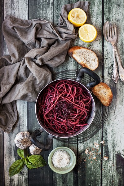 Spaghetti with Red Beet Pesto