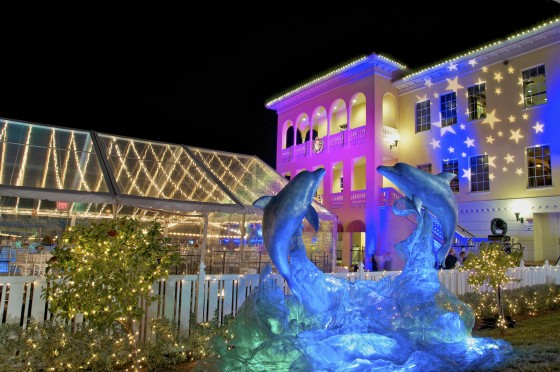 Illuminated country club exterior