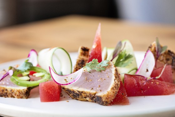 seared tuna and pressed watermelon, radish and cucumber