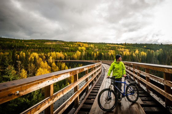 Creative self portrait amongst the fall foliage at Bellevue Myra Trestle Provincial Park while biking the 600km KVR Trail, a sub-section of the Trans Canada Trail.